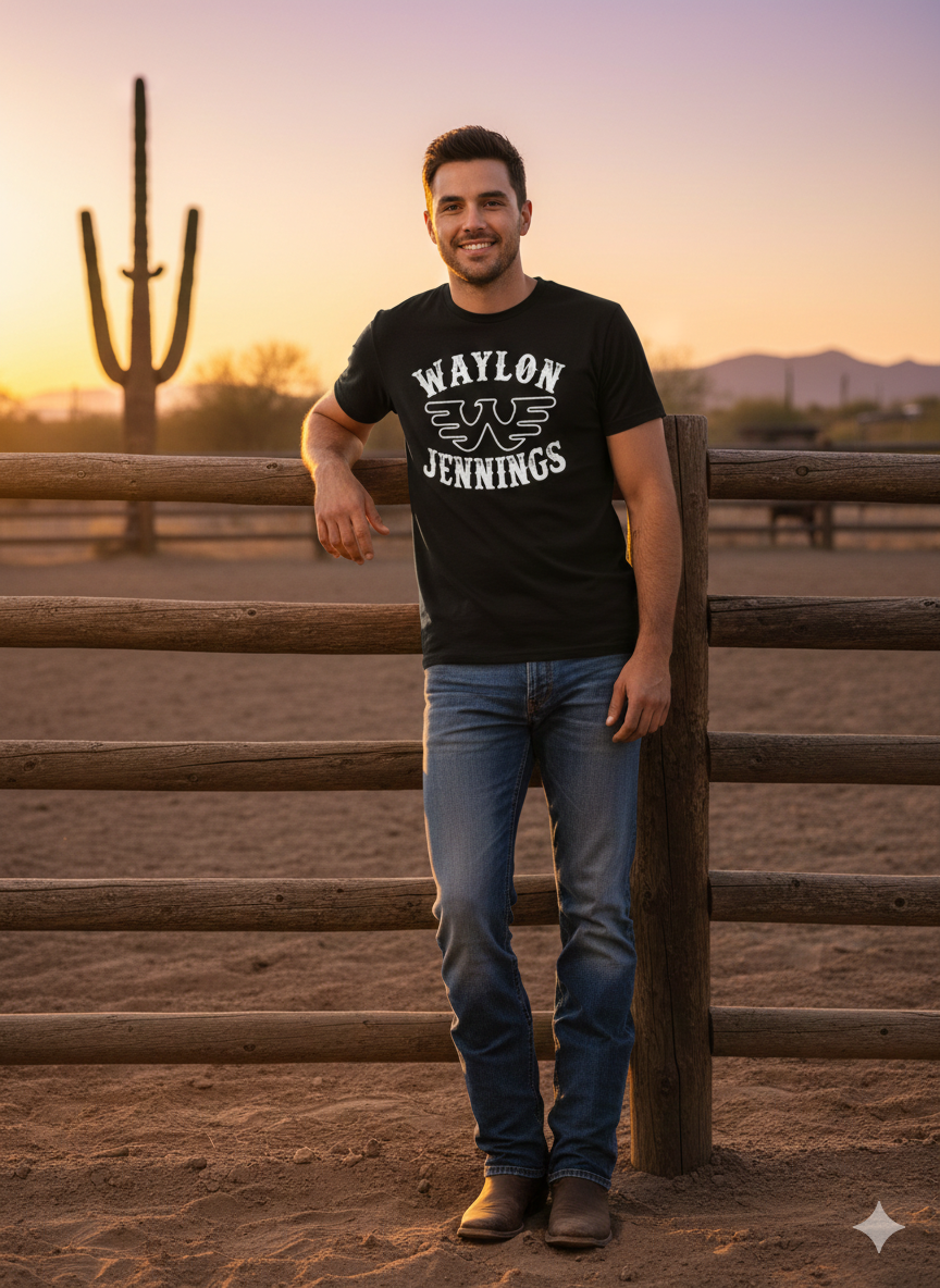Waylon Jennings Outlaw Country Western Graphic Tee - Bella + Canvas 3001 Black Western Graphic Tee